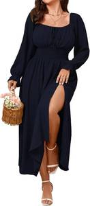 lot 38671 image: SHESTARR Womens Plus Size Dress Long Sleeve Smocked Dress Square Neck Tie Front Split A-Line Maxi Long Dresses Navy 3XL