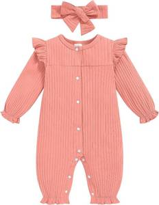 lot 38677 image: TITKKOP Newborn Baby Girl Fall Winter Romper Long Sleeves Ribbed One-Piece Outfits with Headband Coming Home Jumpsuit 6-12M