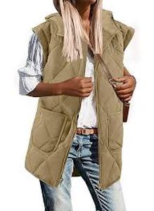 lot 38698 image: LEANI WOMENS QUILTED PUFFER VEST SLEEVELESS OVERSIZED HOODED JACKETS ZIP UP LIGHTWEIGHT PUFFY OUTERWEAR WITH POCKETS, KHAKI, Small