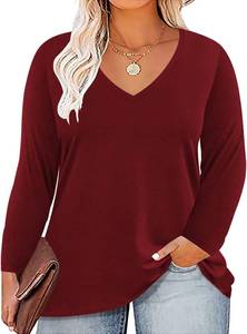 lot 38700 image: ROSRISS Plus Size Tops for Women Long Sleeve Tees V Neck Tunics Solid Color Blouse T Shirts Red Size 18W