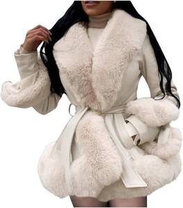 lot 38704 image: Womens Winter Warm Jacket with Faux Fur Collar Long Sleeve Coat Solid Outerwear with Belt and Pockets Size Large Beige