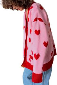 lot 38706 image: Women Heart Print Sweater Cardigan Casual Long Sleeve Open Front Knit Outwear Valentines Day Spring Fall Streetwear Medium Pink Red