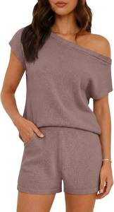 Tankaneo Womens Off The Shoulder 2 Piece Outfits Sweater Sets Shorts Casual Matching Lounge Sets 2025 Size Large
