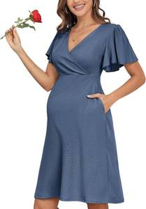 lot 38925 image: AISWI 2024 Summer Maternity Nursing Dress Pockets Baby Shower Wedding Guest Pregnancy Short Ruffle Sleeves A-line Midi Size Small