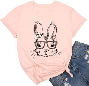 lot 38942 image: Bunny with Leopard Glasses T-Shirt for Women Cute Easter Bunny Graphic Tees Casual Short Sleeve Shirts Tops Size 2XL
