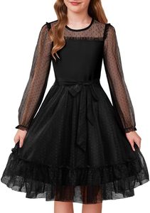 lot 38948 image: GRACE KARIN Girls Contrast Mesh Dress Formal Party Long Sleeve High Waist Tulle A-Line Fall Dresses Size 7Y