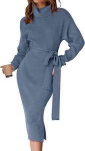 lot 38952 image: ZESICA Womens Turtleneck Sweater Midi Dress Long Sleeve Ribbed Knit Bodycon Slit Dress with Belt