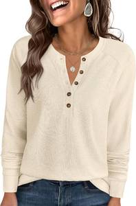 lot 38953 image: ANRABESS Womens Long Sleeve Waffle Knit Shirts Dressy Casual Loose Button Up V Neck Henley Tops 2026 Fall Basic Tee Blouse SIZE L