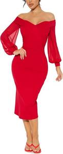 lot 38961 image: kaimimei Women Deep V Neck Bodycon Midi Dress Puff Long Sleeve Slit Party Cocktai Formal Dresses SIZE L