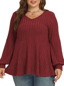 lot 40173 image: VOGRACE Plus-Size-Tops-for-Women Dressy V Neck Lantern Long Sleeve Shirts Casual Oversized Tunics Knit Pullover Sweaters Wine Red 4XL