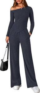 lot 40175 image: PRETTYGARDEN Fall Two Piece Sets For Women 2026 Off Shoulder Tops Long Pants Knit Matching Lounge Set Airport Travel Outfits(Navy,X-Large)