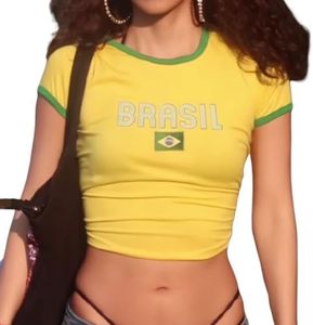 lot 40176 image: Vintage Brasil Tshirt for Women Summer Holiday Trip Crop Top Brazil Soccer Footall Jesery, Brazil 1, L