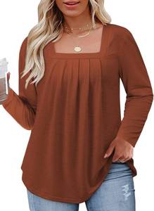 lot 40187 image: Womens-Plus-Size-Tops Dressy Pleated Square Neck Shirts Trendy Cute Long Sleeve Blouses Casual Loose Fit Tunics XL Caramel