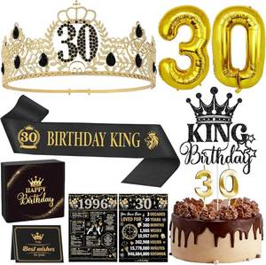 lot 37727 image: 30th Birthday Decorations for Him - King Black Gold Party Sash Crown Balloons Cake Topper Candles Gifts for Men Boyfriend Husband Brother Son Happy 30 Year Old Bday Backdrop Decor Supplies