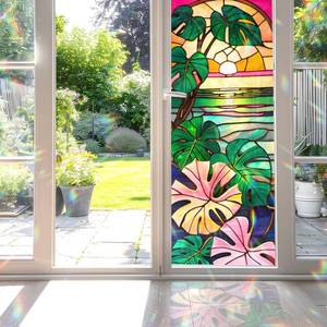 lot 40058 image: Decorative Monstera Flower Stained Glass Window Film, Monstera Flower Stained Glass Window Film for Bathroom Door Heat Anti UV RF03