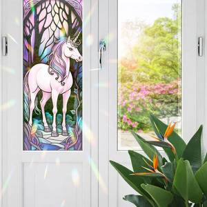 lot 40059 image: 4 Pack Decorative Mystical Unicorn Stained Glass Window Film, Mystical Unicorn Stained Glass Window Film for Bathroom Door Heat Anti UV RA02