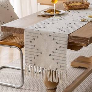 lot 40078 image: Joyfol Day Boho Table Runner, Farmhouse Stripe Cotton Table Runners with Tassels for Home Dining Table Decor, Rustic Natural Woven Dresser Scarf (Beige&Grey,13 x 60 Inch)