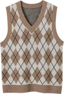 lot 40109 image: Chanyarn Womens 100% Merino Wool Sweater Vest 2025 Fall Winter Diamond Lattice V Neck Sleeveless Knit Sweater Vest Color Tan Size Large