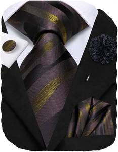 lot 40152 image: Hi-Tie Mens Tie Set Silk Striped Woven Necktie with Lapel Pin Pocket Square Cufflinks Set for Wedding Party