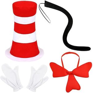 lot 40208 image: 4PCS Stovepipe Hat Costume Accessories Set Cat Hat Red and White Striped Hat Red Bow Tie White Gloves Black Tails for Adults World Book Day Halloween Cosplay and Dress Up