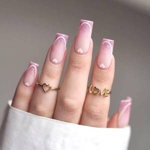 lot 40213 image: 24Pcs Purple Pink Gradient Glitter Valentines Press on Nails Long Square Fake Nails with White Love Heart Design Valentines Day False Nails Press ons Reusable Stick on Nails for Women Nail Art STOCK PHOTO APPROXIMATE