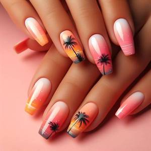 lot 40214 image: 24Pcs Coconut Tree Press-on Nails Medium Square Coffin ABS Acrylic False Nails Pink Orange Gradient French Tip Summer Beach Sunset Full Cover Glue-on Nails Stick-on Nails for Women