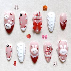 lot 40215 image: 30Pcs Cute Rabbit Press on Nails Medium Almond Red French Tip Fake Nails with 3D Pearls Design Red Strawberry Bow False Nails Pink Glossy Full Cover Bunny Flower Artificial Stick on Nails for Women
