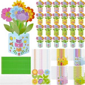 lot 40224 image: 24 Set Mothers Day Flower Pot Crafts DIY Spring Floral Straw Bouquet Kit Bulk Flower Picture Holder Make Your Own Flower Pot Handmade Exchange Gift for Party Fun Activities Mom Appreciation