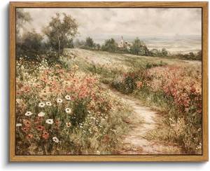 lot 40318 image: OIQArtOIQ Framed Canvas Wall Art,Vintage Decor,Landscape Nature Country Wildflower Paintings Cottagecore Pictures Modern Artwork Rustic Fall Flower Prints Farmhouse Office Living Room Bedroom Bathroom