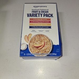 lot 41520 image: Amazon Grocery, Instant Oatmeal, Fruit & Cream Variety Pack, 9.8 Oz