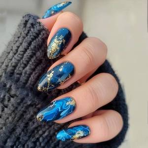 lot 41729 image: Blue Marble Press on Nails Medium Length Almond Nails Press Ons Blue Gold Marble Designs False Nails Acrylic Full Cover Gel Fake Nails Gift for Women 24pcs