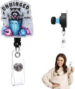 lot 41735 image: Magnetic Raccoon Badge Holder, Unhinged and Feral RN Retractable Badge Reel, Funny ID Card Clip for LPN CNA MA Nurse Doctor Nursing Student Teacher, and Medical Workers