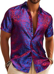 lot 41754 image: Barry.Wang Mens Silk Shirts Short Sleeve Western Designer Button Down Paisley Shirt Casual Beach Summer Party Mexico Size XL