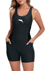 lot 4311 image: Halcurt Womens Boyleg One Piece Swimsuit with Pocket Racerback Athletic Bathing Suit Grey Black M - Retail $26