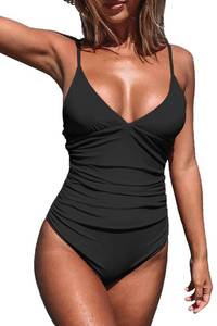 lot 4317 image: CUPSHE Womens One Piece Swimsuit Tummy Control V Neck Bathing Suits L Black - Retail $40