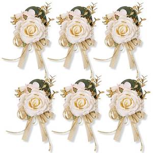 lot 4341 image: Meldel Rose Wrist Corsage for Girls Women Bride Bridesmaid, Set of 6, Champagne Hand Flower Wedding Artificial Flowers Accessories for Prom Party - Retail $26
