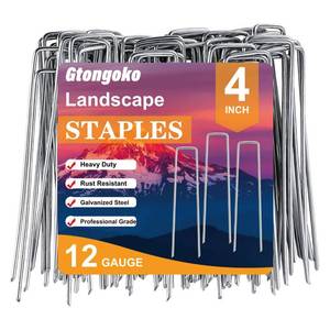 lot 4358 image: Gtongoko 50 Pack Landscape Staples 4 Inch Galvanized Garden Stakes, 12 Gauge Heavy Duty Sod Staples for Weed Barrier Fabric, Plant Covers, Netting, Irrigation Hose & Holiday Decorations - Retail $7