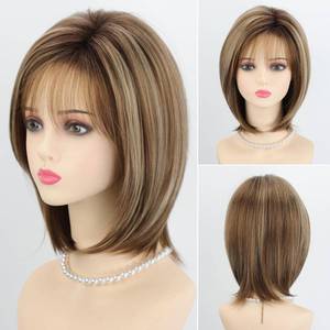 lot 4390 image: RENERSHOW Brown Short Wigs for White Women 12inch Layered Brown mix Blonde Mid-length Pixie Bob Wig with Bangs Straight Heat Synthetic Natural Daily Party Average Size Wig - Retail $24