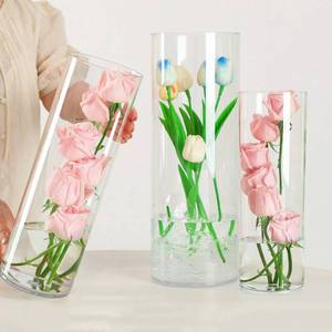 lot 4393 image: Liotww Acrylic Cylinder Clear Vases, Tall Large Plastic Flower Vase for Bouquet, Unbreakable Hurricane Vases Set of 3 for Centerpieces (D 6, D 4.8, D 4  3 Holder) - Retail $40