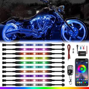lot 4401 image: SHINIGHT 10 Pcs Motorcycle LED Light Kits, App Control Multicolor Waterproof Strip Lights with RF Remote, Music Sync & Multiple Scene Modes RGB for Motorcycles - Retail $25