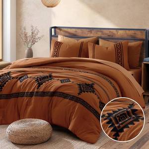lot 4420 image: MaiRae Embroidery Comforter Set, Boho Farmhouse Western Bedding Set, All Season Bed in A Bag Comforter Set with Sheets, Pillowcases &amp Shams, Burnt Orange King 7 Pieces - Retail $72