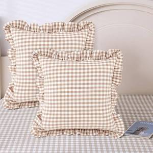 lot 4441 image: Kathfly 2 Pcs TaupeWhite Plaid Ruffle Throw Pillow Covers Farmhouse Checkered 20 x 20 Washed Cotton Pillowcases Couch Gingham Pillow Shams for Living Room Bed, No Inserts - Retail $18