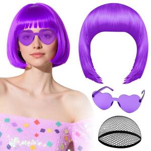 lot 4445 image: PLULON Purple Bob Wig with Heart Sunglasses and Hair Cap, Colorful Short Bob Wigs Synthetic Party Wigs Funny Cosplay Hairpieces for Women Men Neon Bachelorette Halloween Costume Party Decorations - Retail $12