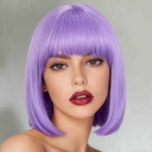 lot 4458 image: Svolna Purple Short Bob Wig with Bangs, Synthetic Straight Hair Wigs for Women, 14 Inch Cosplay Costume Bob Wig (Light Purple) - Retail $15