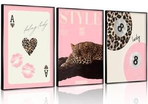 lot 4463 image: 3Pcs Trendy Pink Leopard Wall Art Preppy Leopard Lucky 8 Ball Poster Printing Artwork Y2k Coquette Funky Cheetah Aesthetic Room Decoration for College Apartment, Girls Bedroom Dorm Scene Home Decor - Retail $12