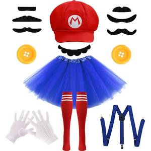 lot 4464 image: NEOELASIEN 7 Pcs Halloween Funny Costumes Accessories for Adults Women Plumber Costume Cosplay Party Set Tutu Hat Gloves Socks Buttons Mustaches Suspenders-Red - Retail $20