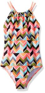 lot 4479 image: Kanu Surf Big Girls Jasmine Beach Sport Halter One Piece Swimsuit, Ruby Multi Chevron, 14 - Retail $15