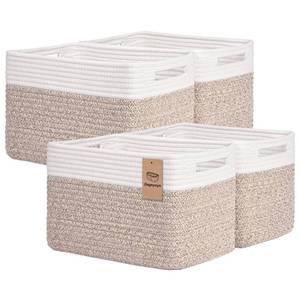 lot 4491 image: Storage Baskets for Organizing, 4 Pack Baskets for Shelves, Decorative Storage Bins for Shelves, Cotton Rope Storage Basket with Handles, Woven Basket for Storage, 13Lx8.7Wx7.9H, White & Brown - Retail $26