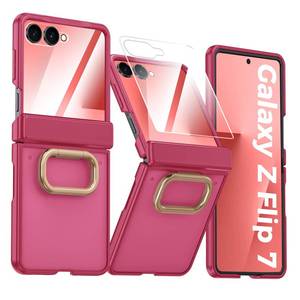 lot 4493 image: Vizvera for Samsung Galaxy Z Flip 7 Case with Ring HolderSlim DesignScreen ProtectorHinge Protection Translucent Matte Shockproof Protective Phone Case for Galaxy Z Flip 7(Ring Magenta) - Retail $20