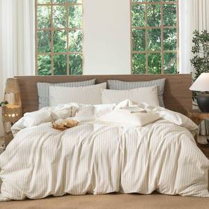 lot 4499 image: MooMee Striped Duvet Cover Set 100% Washed Cotton Linen Like Textured Breathable Durable Soft Comfy (Almond Milk Grey Classic Stripes, King 104x90) - Retail $85